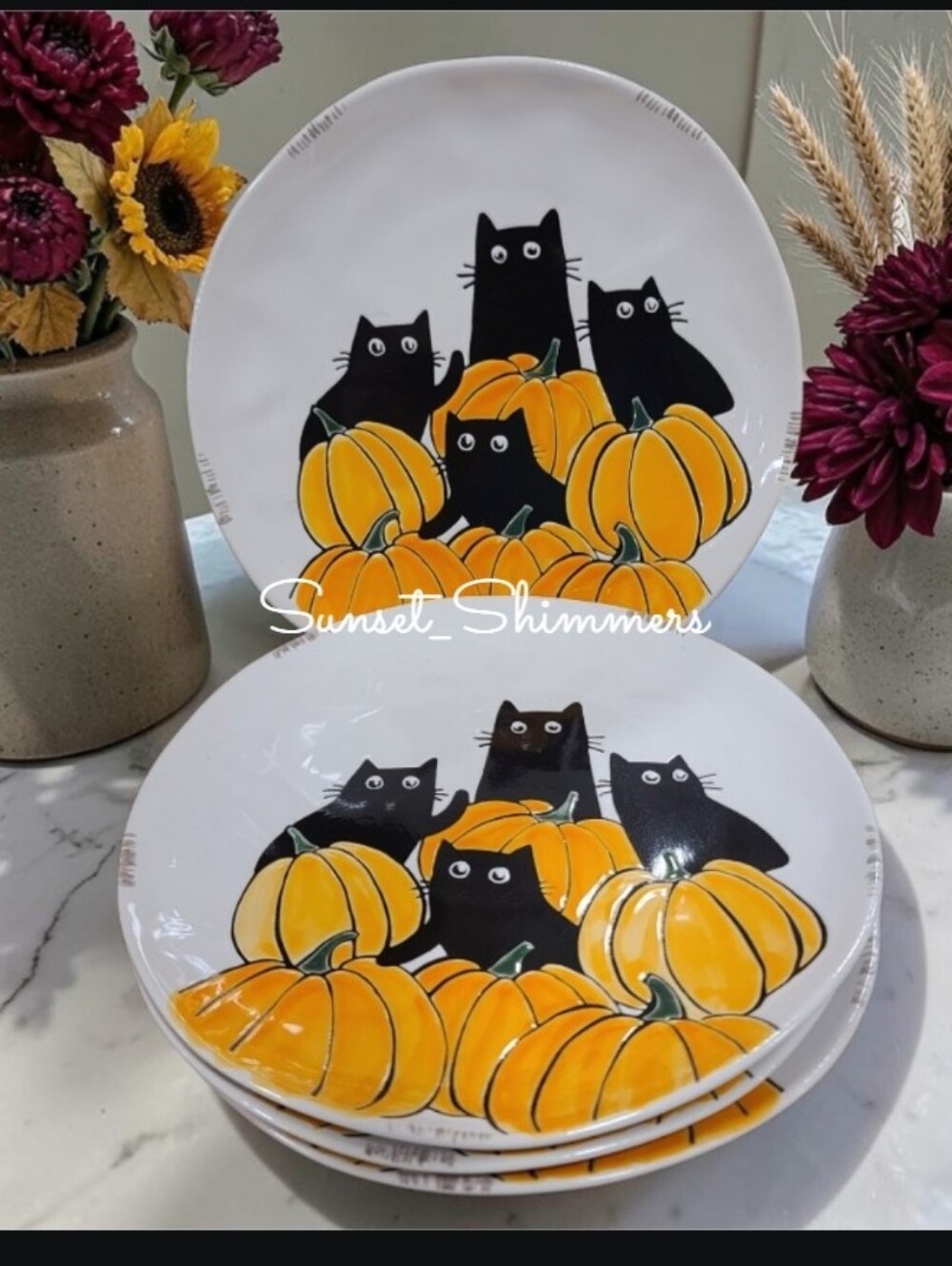 4pc Eli Ana Black Cat Pumpkin Etched Ceramic Halloween Dinner Plate Set NEW